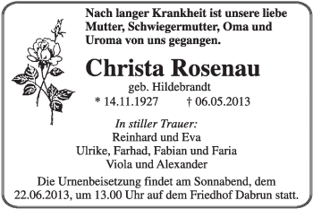 Traueranzeige von Christa Rosenau von Super Sonntag Wittenberg