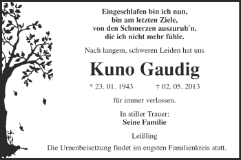 Traueranzeige von Kuno Gaudig von WVG - Wochenspiegel NMB / WSF / ZTZ