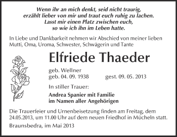 Traueranzeige von Elfriede Thaeder von WVG - Wochenspiegel Merseburg