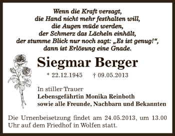 Traueranzeige von Siegmar Berger von WVG - Wochenspiegel Bitterfeld