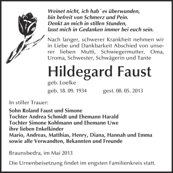 Traueranzeige von Hildegard Faust von WVG - Wochenspiegel Merseburg