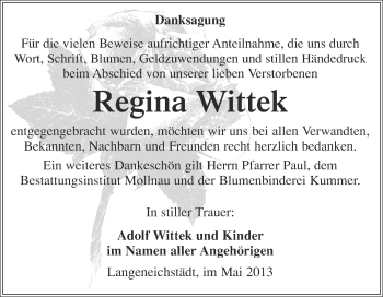 Traueranzeige von Regina Wittek von WVG - Wochenspiegel Merseburg
