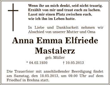 Traueranzeige von Anna Emma Elfriede Mastalerz von WVG - Wochenspiegel Bitterfeld