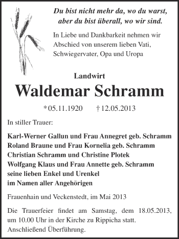 Traueranzeige von Waldemar Schramm von WVG - Wochenspiegel NMB / WSF / ZTZ