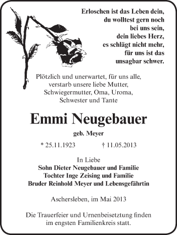 Traueranzeige von Emmi Neugebauer von WVG - Wochenspiegel Aschersleben