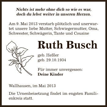 Traueranzeige von Ruth Busch von Super Sonntag SGH Mansf. Land