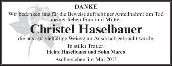 Traueranzeige von Christel Haselbauer von WVG - Wochenspiegel Aschersleben