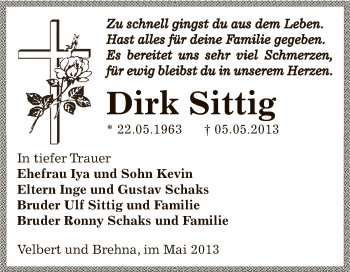 Traueranzeige von Dirk Sittig von WVG - Wochenspiegel Bitterfeld
