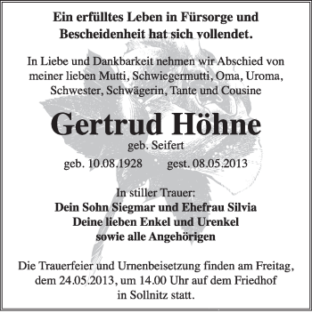 Traueranzeige von Gertrud Höhne von WVG - Wochenspiegel Wittenberg