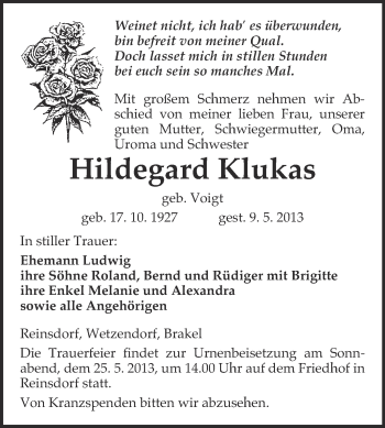Traueranzeige von Hildegard Klukas von WVG - Wochenspiegel NMB / WSF / ZTZ