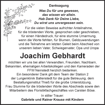 Traueranzeige von Joachim Gebhardt von WVG - Wochenspiegel Quedlinburg