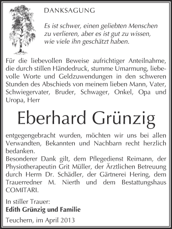 Traueranzeige von Eberhard Grünzig von WVG - Wochenspiegel NMB / WSF / ZTZ