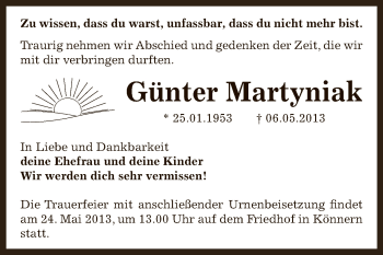 Traueranzeige von Günter Martyniak von Super Sonntag Bernburg