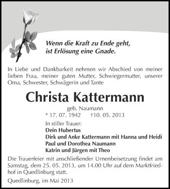 Traueranzeige von Christa Kattermann von WVG - Wochenspiegel Quedlinburg