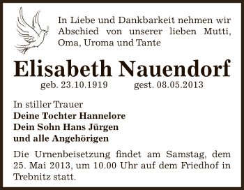 Traueranzeige von Elisabeth Nauendorf von Super Sonntag Bernburg