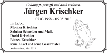 Traueranzeige von Jürgen Krischker von Super Sonntag Aschersleben
