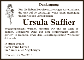 Traueranzeige von Ursula Saffier von Super Sonntag Bernburg