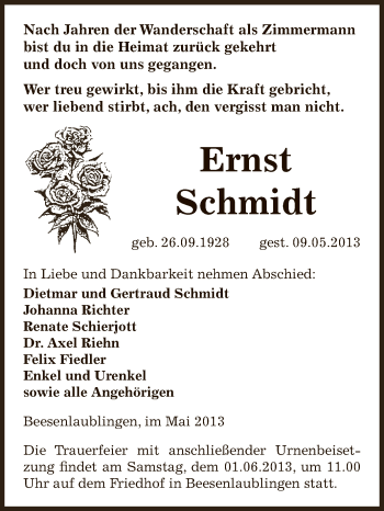 Traueranzeige von Ernst Schmidt von Super Sonntag Bernburg