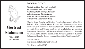 Traueranzeige von Gertrud Stahmann von WVG - Wochenspiegel Aschersleben