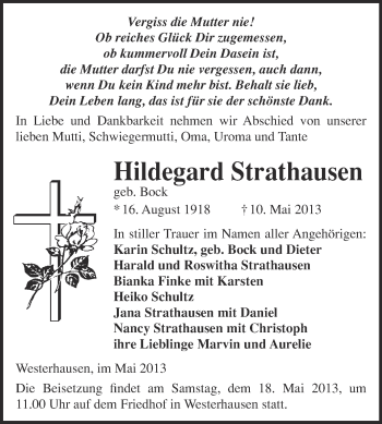 Traueranzeige von Hildegard Strathausen von Super Sonntag Quedlinburg