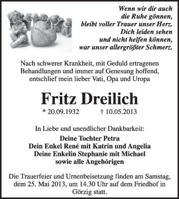 Traueranzeige von Fritz Dreilich von Super Sonntag Dessau / Köthen