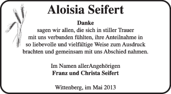 Traueranzeige von Aloisia Seifert von Super Sonntag Wittenberg