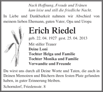 Traueranzeige von Erich Riedel von WVG - Wochenspiegel Merseburg