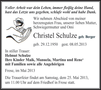 Traueranzeige von Christel Schulze von WVG - Wochenspiegel Aschersleben