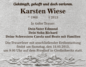 Traueranzeige von Karsten Wiese von WVG - Wochenspiegel Bitterfeld