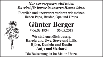 Traueranzeige von Günter Berger von Super Sonntag Dessau / Köthen