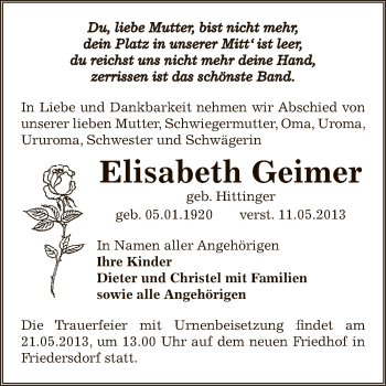 Traueranzeige von Elisabeth Geimer von WVG - Wochenspiegel Bitterfeld