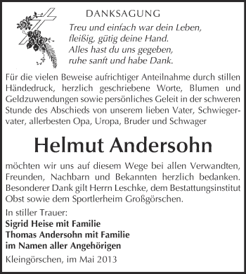 Traueranzeige von Helmut Andersohn von Super Sonntag Merseburg