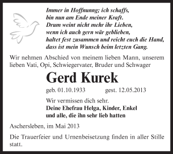 Traueranzeige von Gerd Kurek von WVG - Wochenspiegel Aschersleben