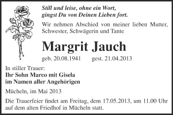 Traueranzeige von Margrit Jauch von WVG - Wochenspiegel Merseburg