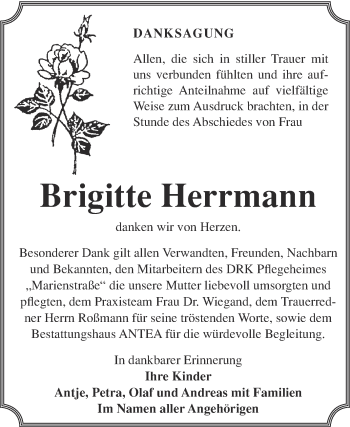 Traueranzeige von Brigitte Herrmann von WVG - Wochenspiegel NMB / WSF / ZTZ
