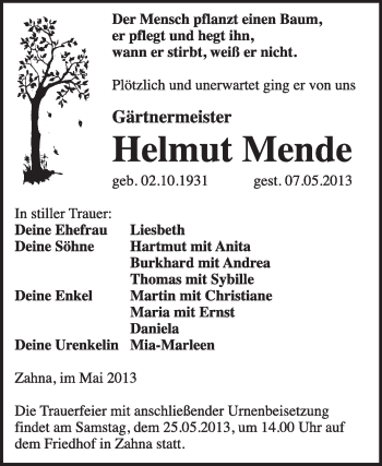 Traueranzeige von Helmut Mende von Super Sonntag Wittenberg