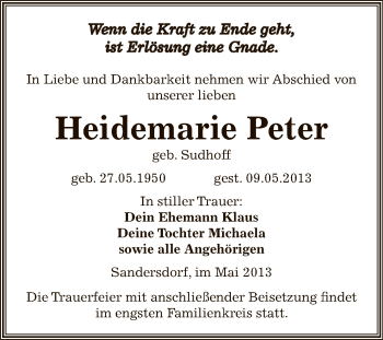 Traueranzeige von Heidemarie Peter von WVG - Wochenspiegel Bitterfeld