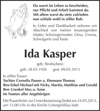 Traueranzeige von Ida Kasper von WVG - Wochenspiegel NMB / WSF / ZTZ