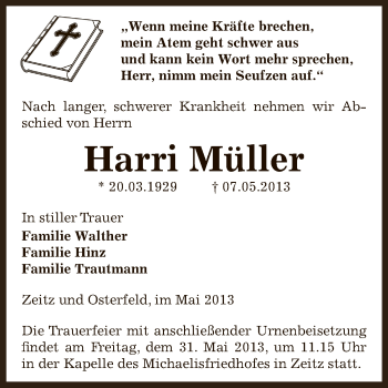 Traueranzeige von Harri Müller von Super Sonntag Zeitz
