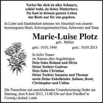 Traueranzeige von Marie-Luise Plotz von Super Sonntag Wittenberg