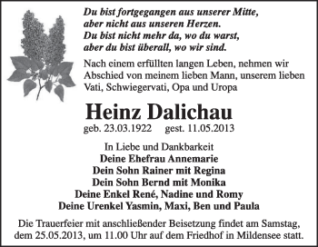 Traueranzeige von Heinz Dalichau von Super Sonntag Dessau / Köthen
