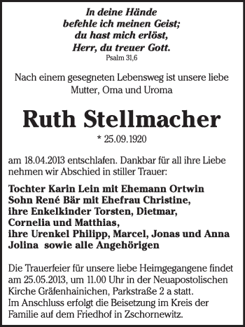 Traueranzeige von Ruth Stellmacher von WVG - Wochenspiegel Wittenberg