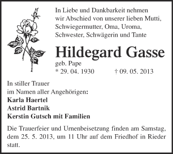 Traueranzeige von Hildegard Gasse von Super Sonntag Quedlinburg
