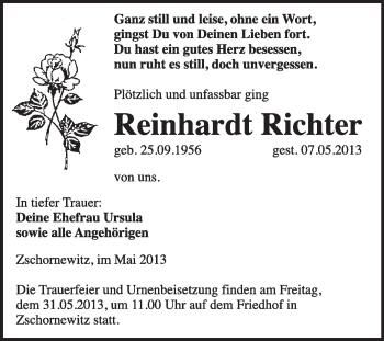 Traueranzeige von Reinhardt Richter von WVG - Wochenspiegel Wittenberg