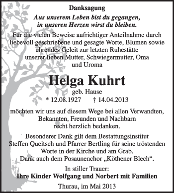 Traueranzeige von Helga Kuhrt von Super Sonntag Dessau / Köthen