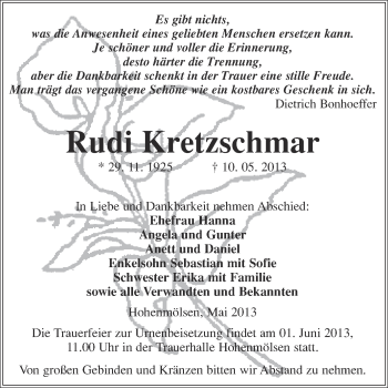 Traueranzeige von Rudi Kretzschmar von WVG - Wochenspiegel NMB / WSF / ZTZ