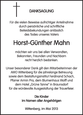 Traueranzeige von Horst-Günther Mahn von Super Sonntag Wittenberg