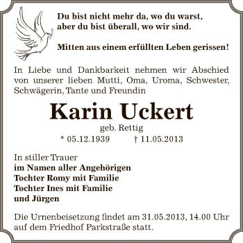 Traueranzeige von Karin Uckert von Super Sonntag Bernburg