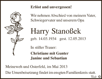 Traueranzeige von Harry Stanoßek von Super Sonntag Zeitz