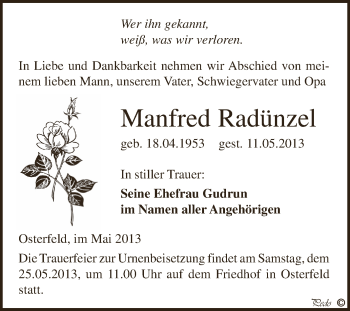 Traueranzeige von Manfred Radünzel von Super Sonntag Zeitz